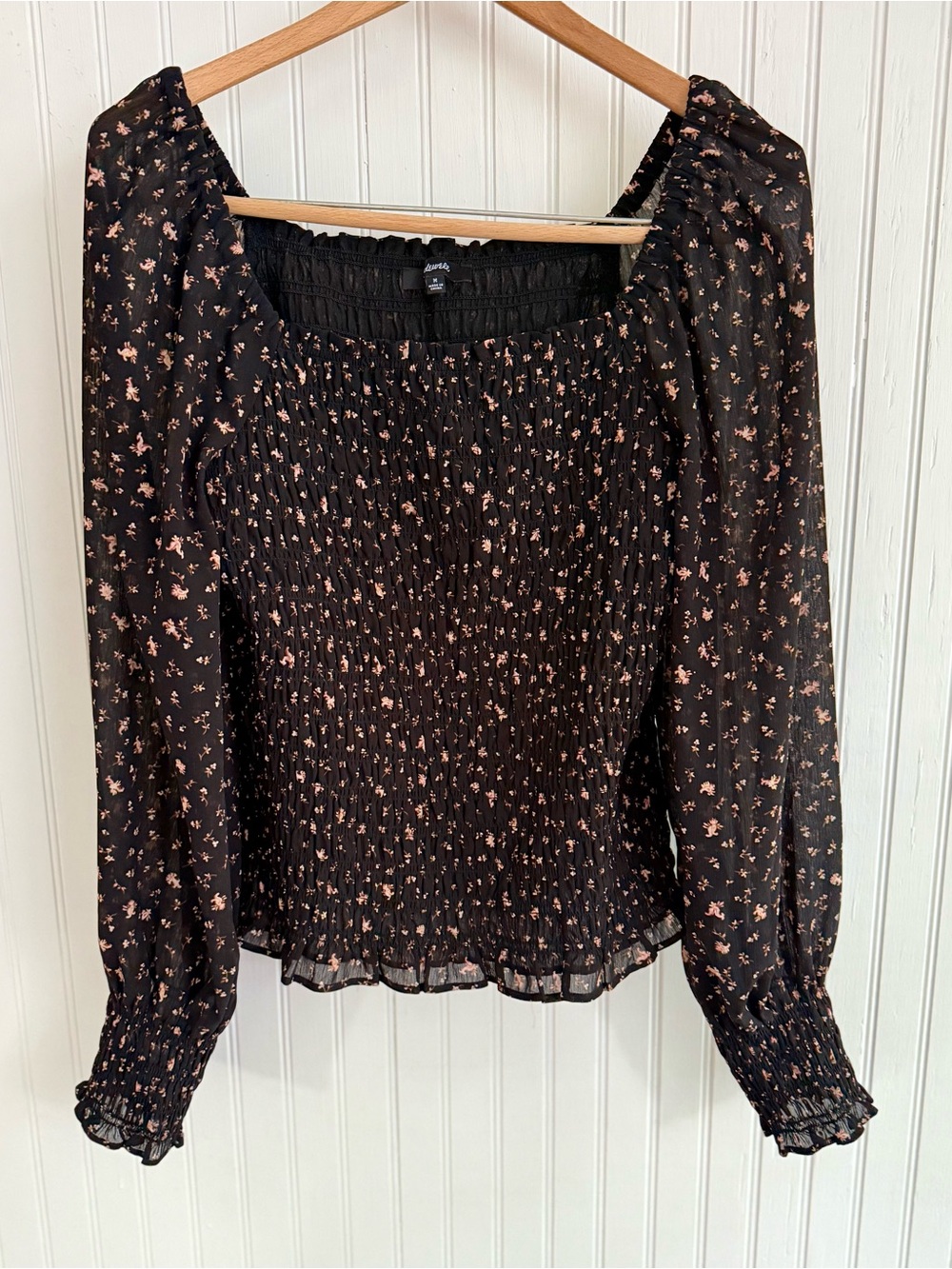 Madewell Black Smocked Long Sleeve Top Size M with Pink Floral Print